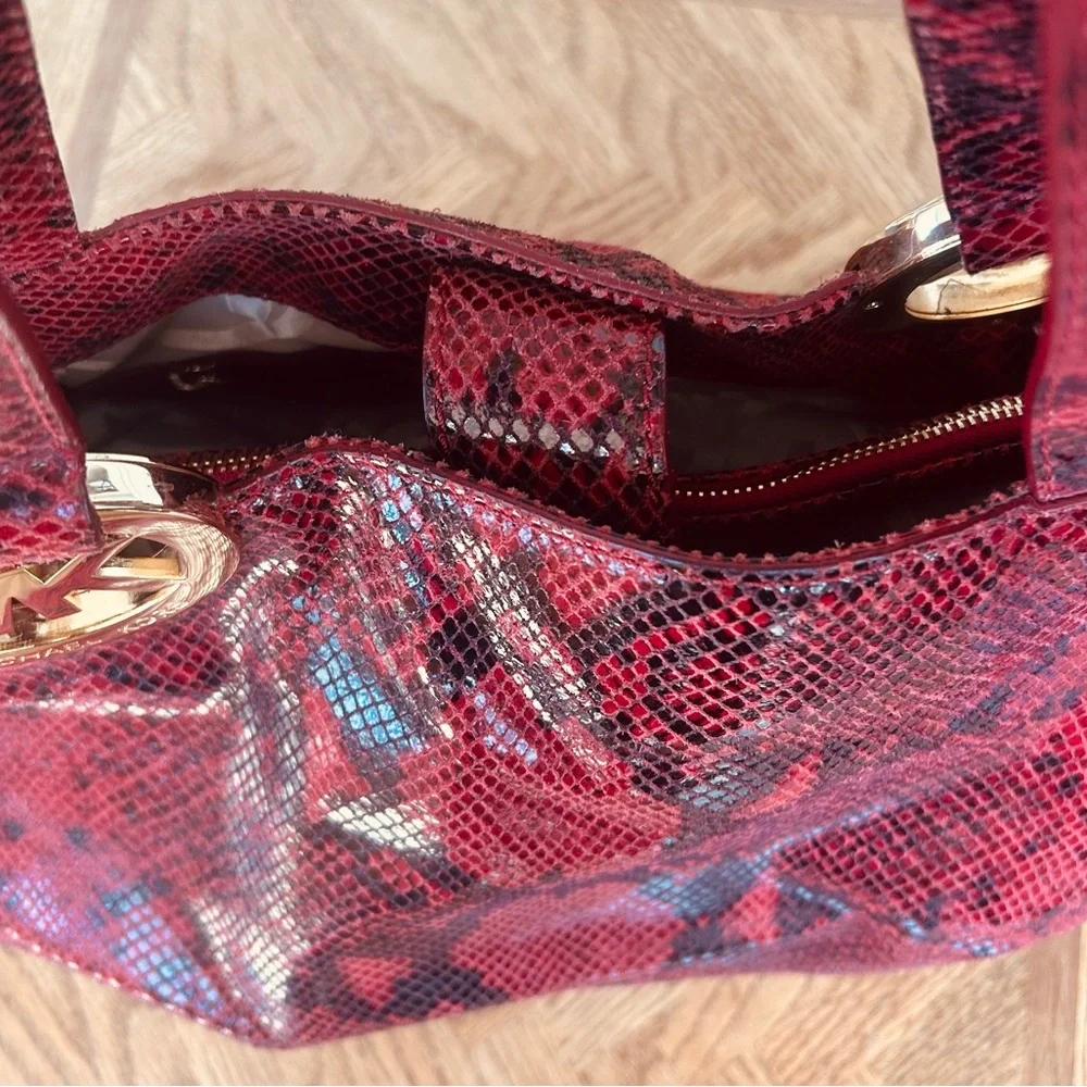 Michael Kors Red Black Snake Print Tote Shoulder Bag Gold Logo